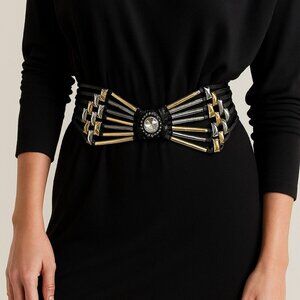 Vintage 80s Rare Jose Cotel Paris Black Jeweled Art Deco Leather Belt